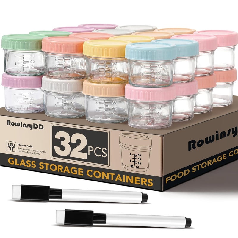 RowinsyDD 32 عبوة زجاجية محكمة الإغلاق بسعة 4 أونصات لطعام الأطفال مع أغطية - خالية من BPA، آمنة في الفريزر والميكروويف - Image 1